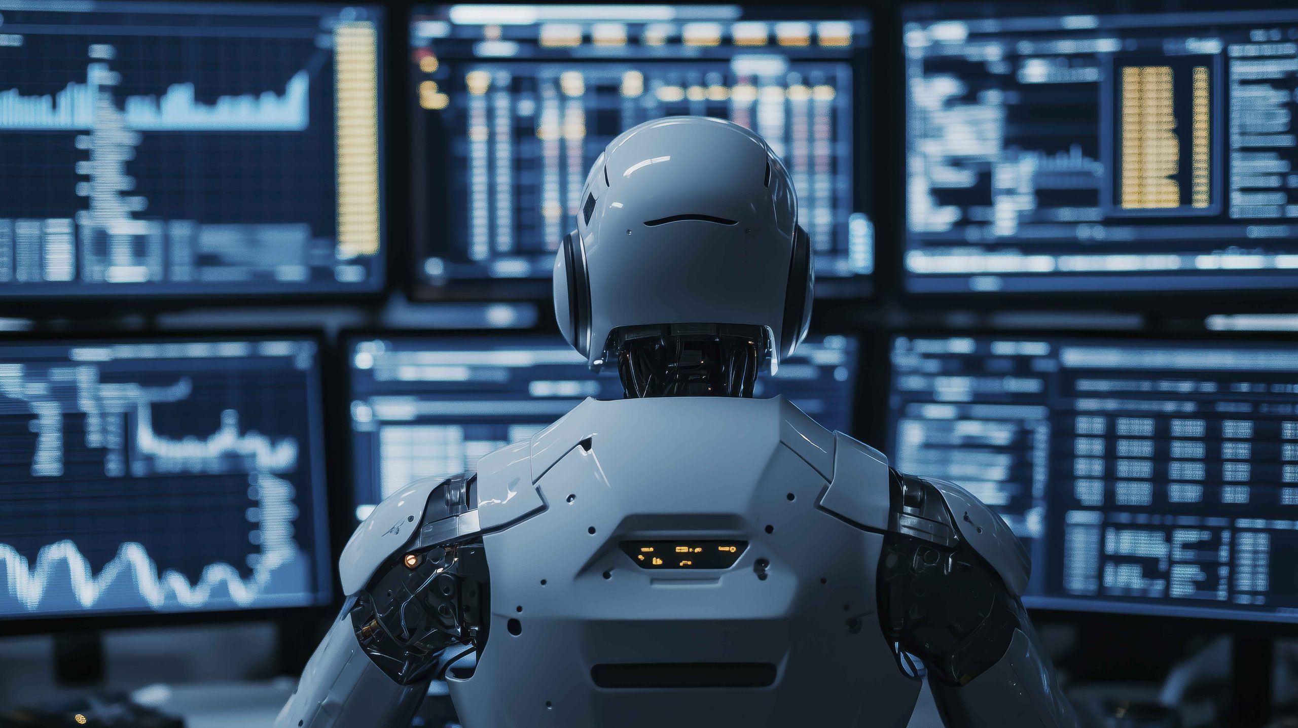 Robot powered by ai processes large datasets on multiple computer screens, offering a glimpse into the future of finance and technology