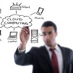 business man draw cloud computing chart on glass  isolated over  white background  in studio