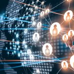 Hand of touching network connecting the human dots icon in business project management. Teamwork organization and brainstorm concept