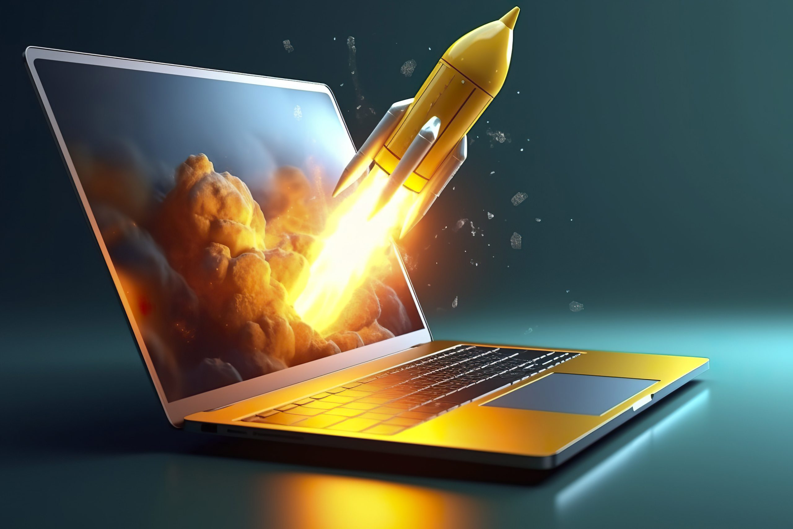 Launching a new product or service. Technology development process. Space rocket launch. 3d render. Yellow rocket lift up from the display laptop. AI Generative