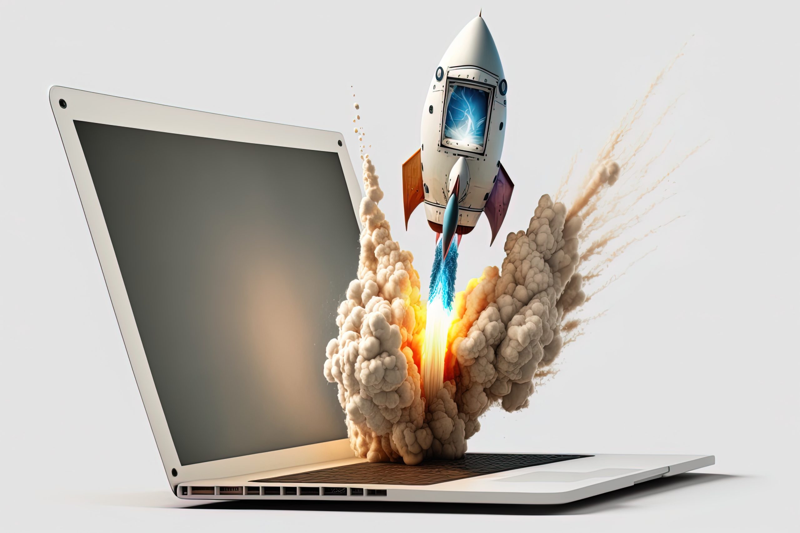 Rocket coming out of laptop screen, white background. AI digital illustration concept of ideas and start up. Generative AI
